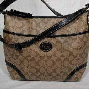 Coach Beige Signature Canvas Shoulder Bag with Black Trim